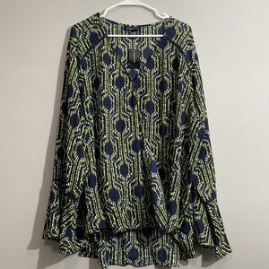 Ashley Stewart Geo Print Long Bell Sleeve Blouse NWT Green Blue 26/28W